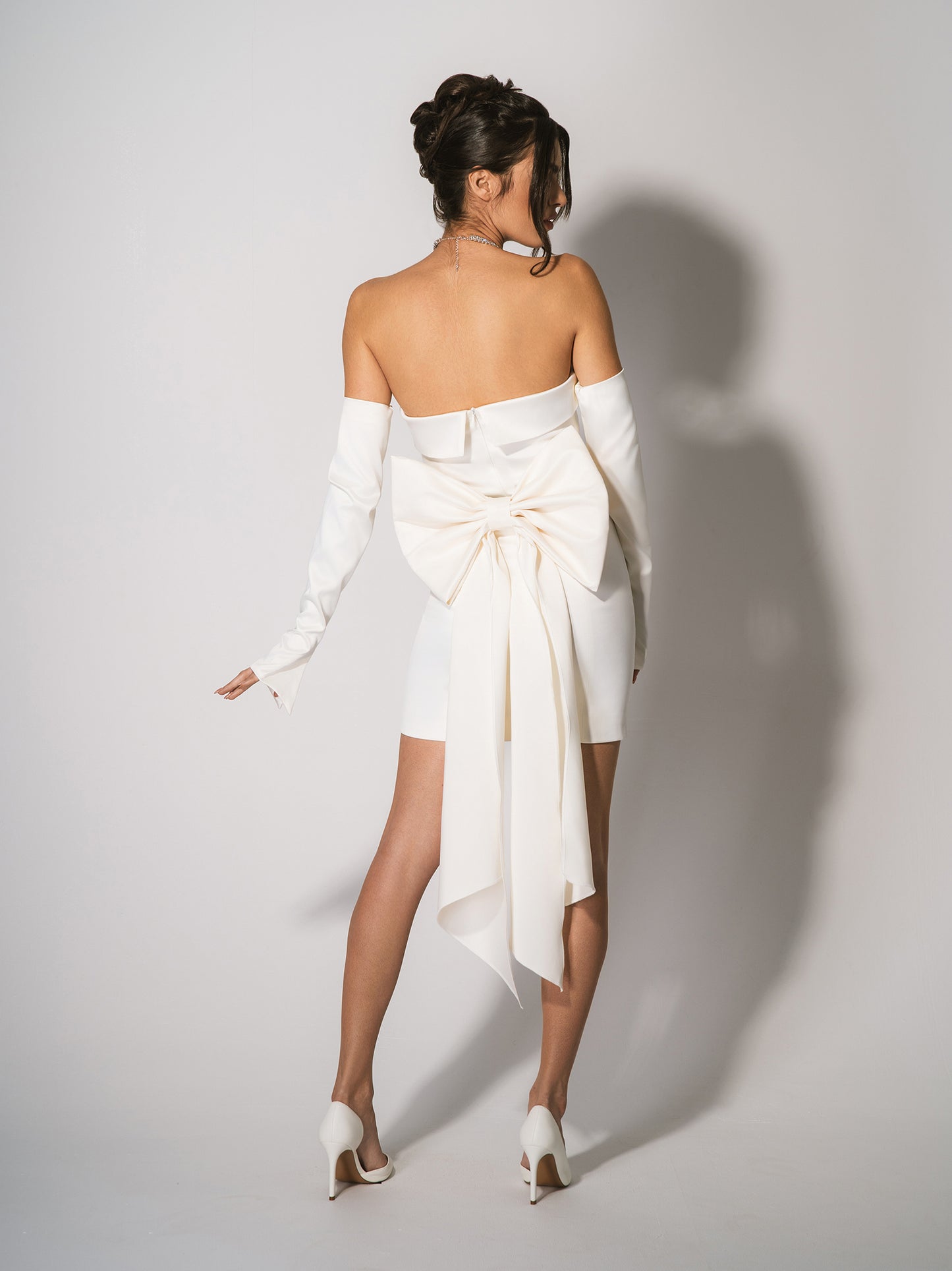 Romantic Allure Satin Mini Dress With Sleeves & Bow Belt by Tia Dorraine Women's Luxury Fashion Designer Clothing Brand