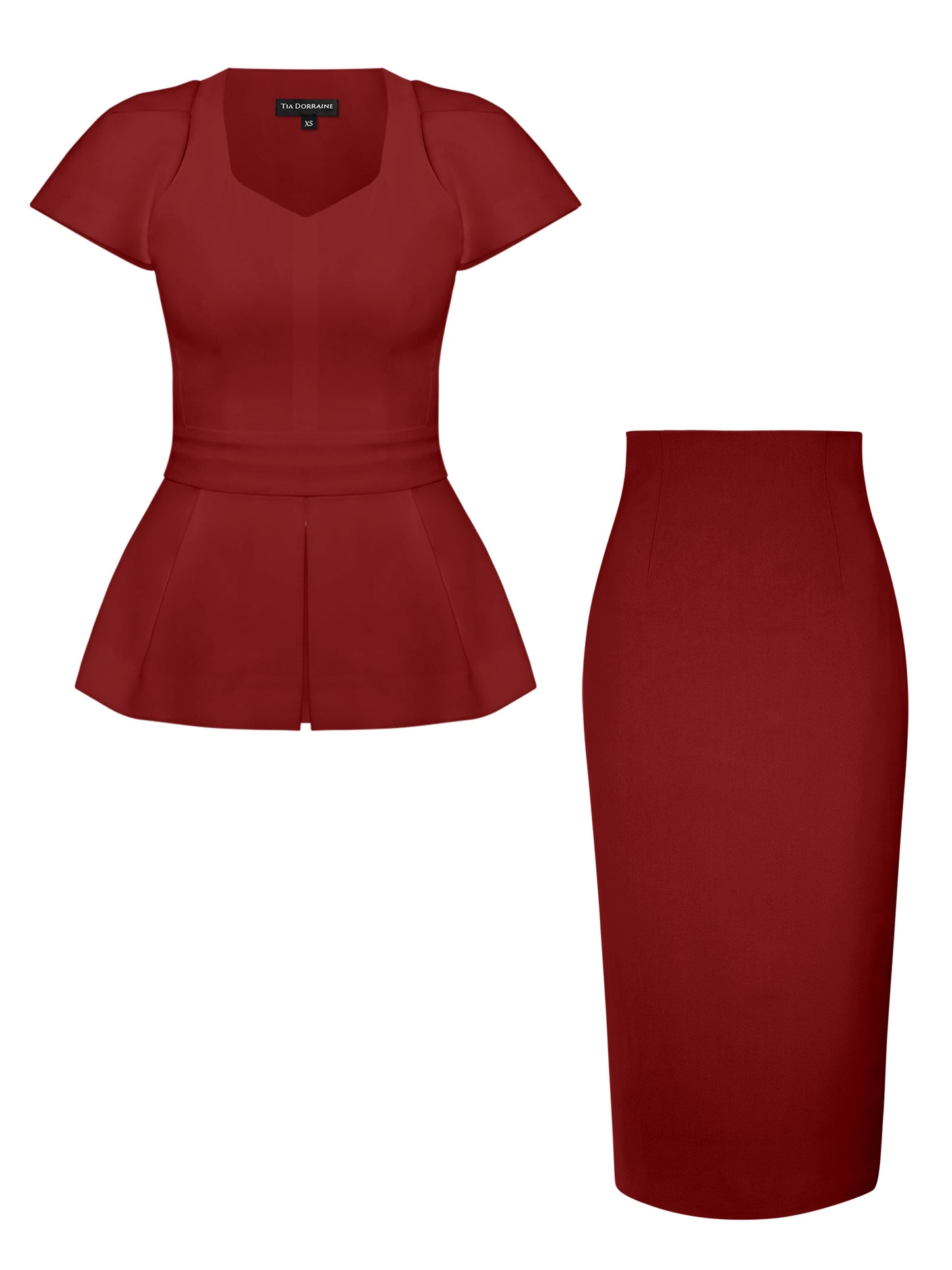 Short-Sleeved Fitted Top & Skirt Set - Burgundy