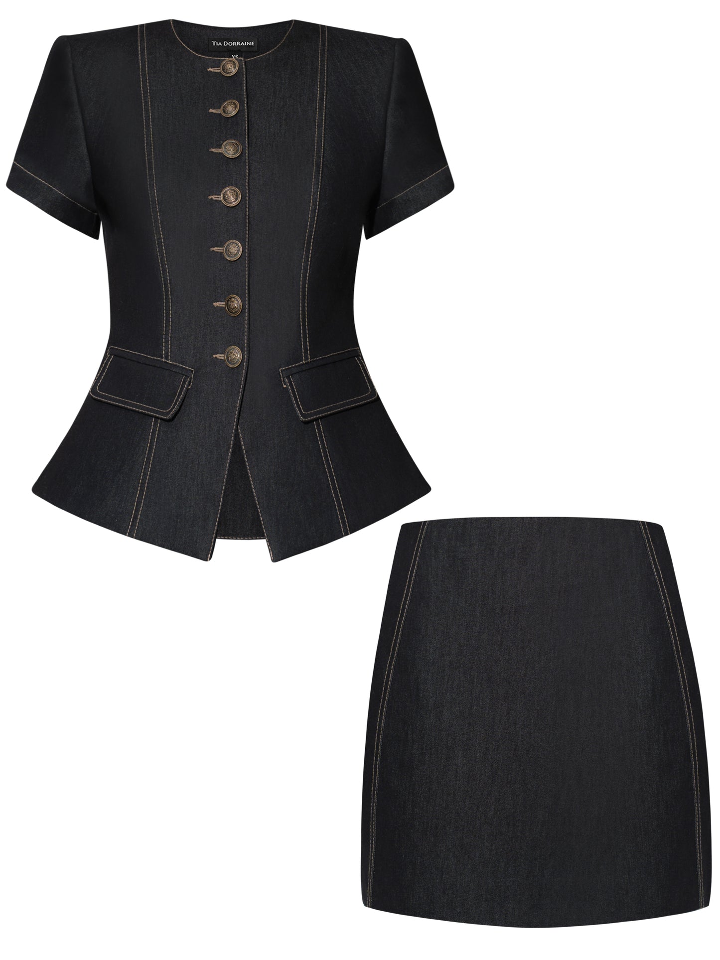 Short Sleeves Denim Blazer & Skirt Set - Black