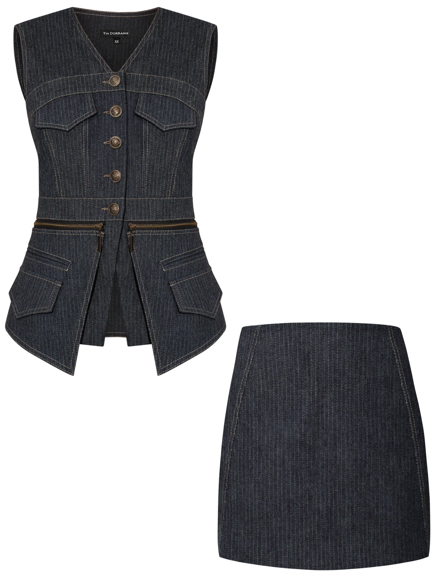Sleeveless Denim Top Vest & Skirt Set - Blue