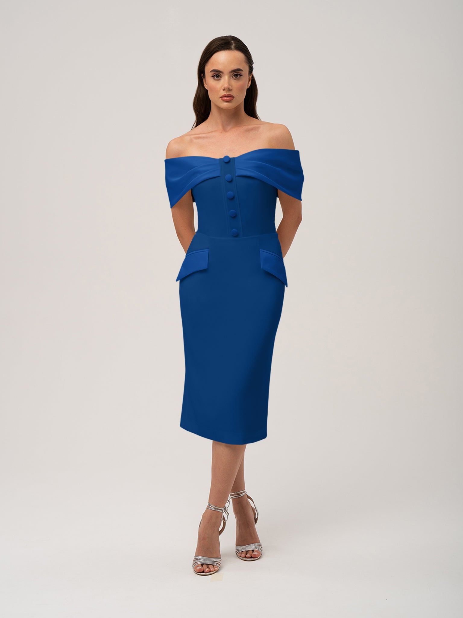 Steel Confidence Off-Shoulder Midi Dress by Tia Dorraine Women's Luxury Fashion Designer Clothing Brand