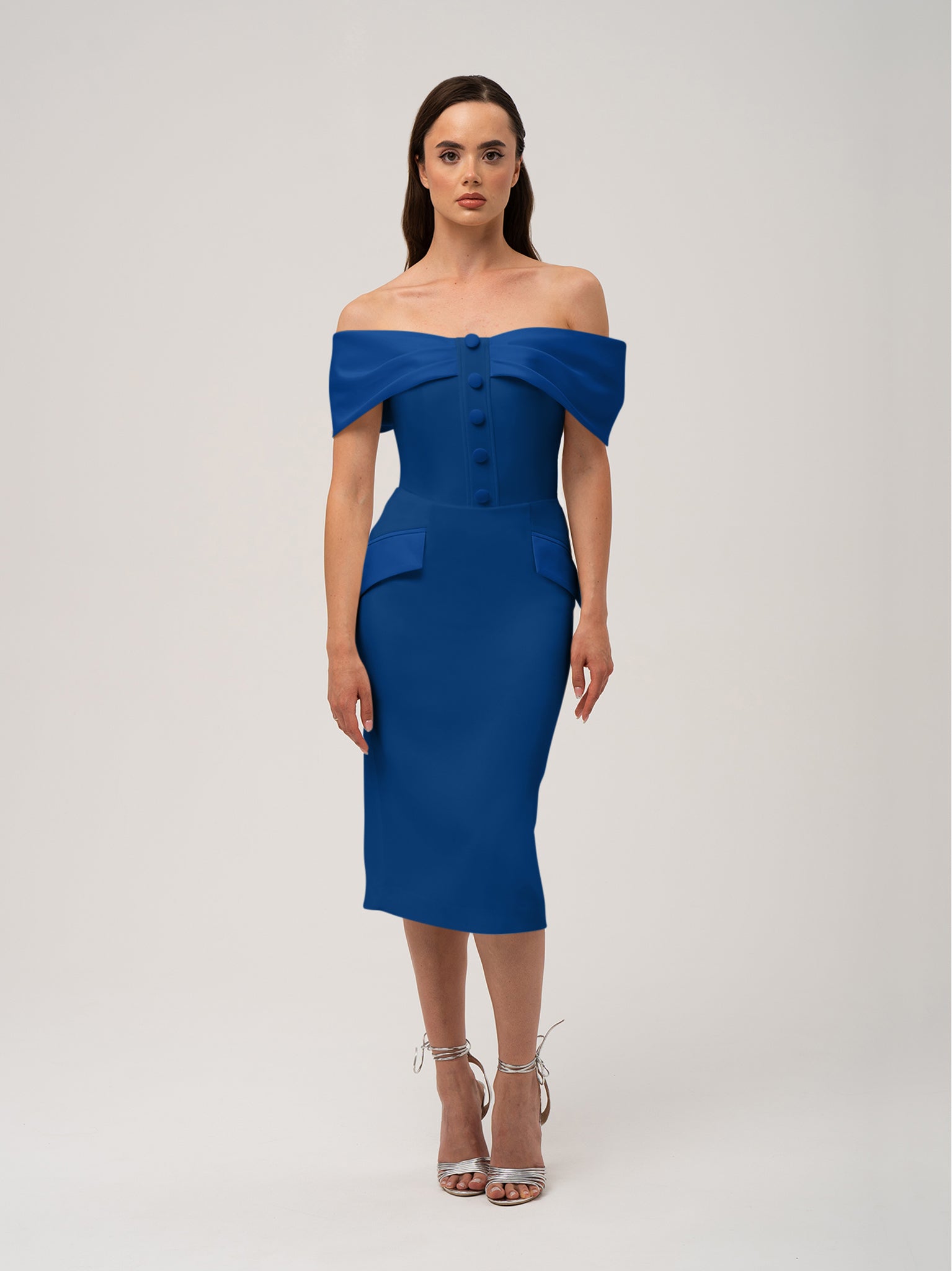 Steel Confidence Off-Shoulder Midi Dress by Tia Dorraine Women's Luxury Fashion Designer Clothing Brand