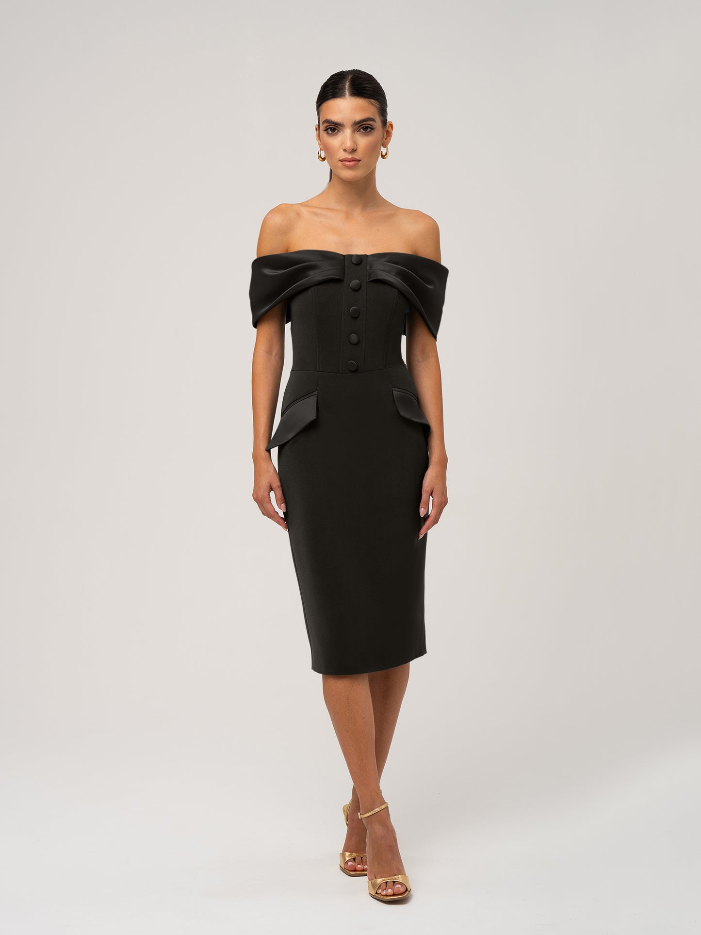 Steel Confidence Off-Shoulder Midi Dress by Tia Dorraine Women's Luxury Fashion Designer Clothing Brand