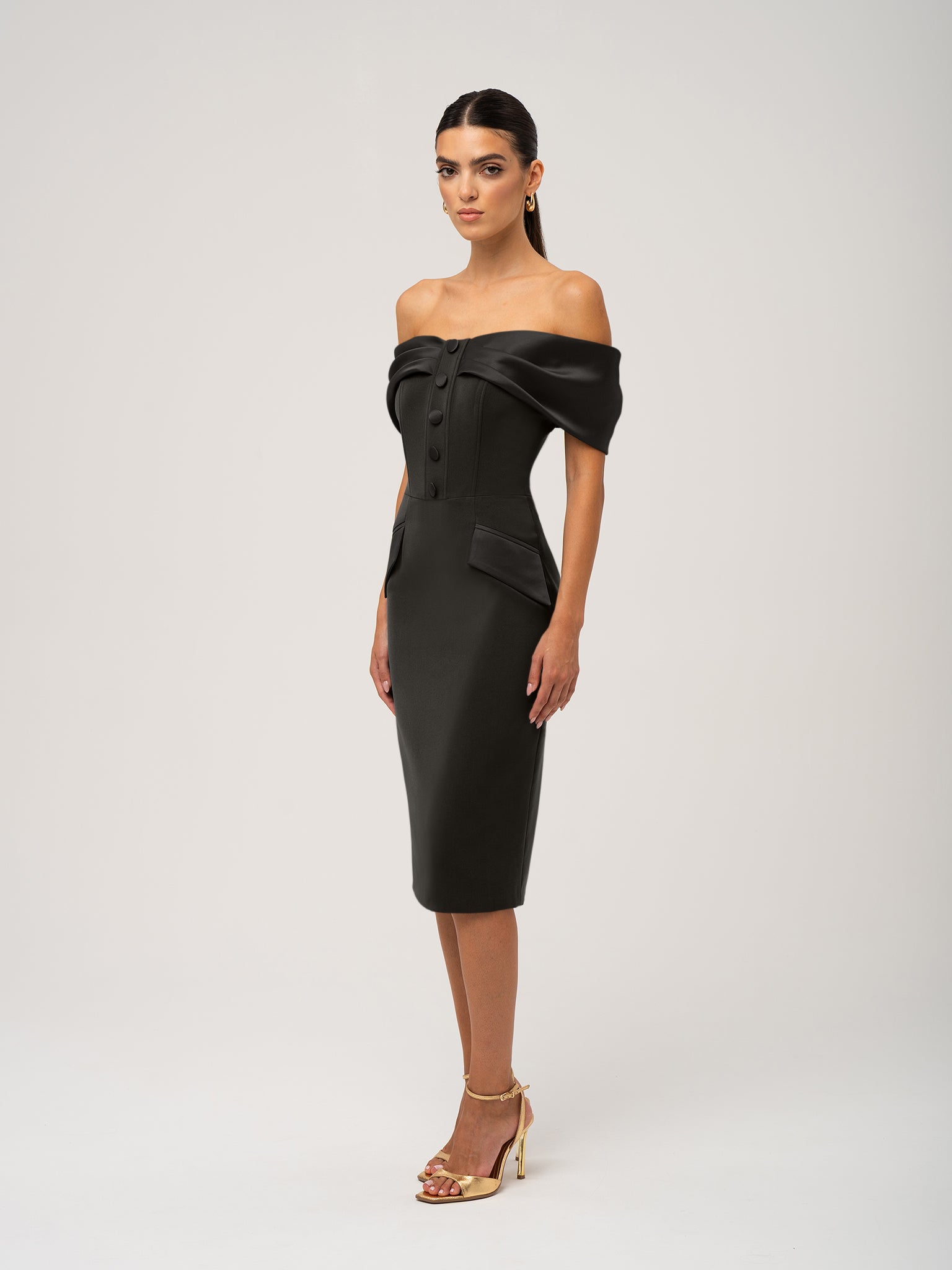 Steel Confidence Off-Shoulder Midi Dress by Tia Dorraine Women's Luxury Fashion Designer Clothing Brand