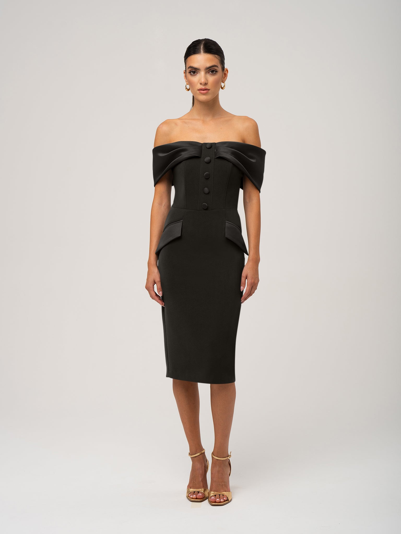 Steel Confidence Off-Shoulder Midi Dress by Tia Dorraine Women's Luxury Fashion Designer Clothing Brand