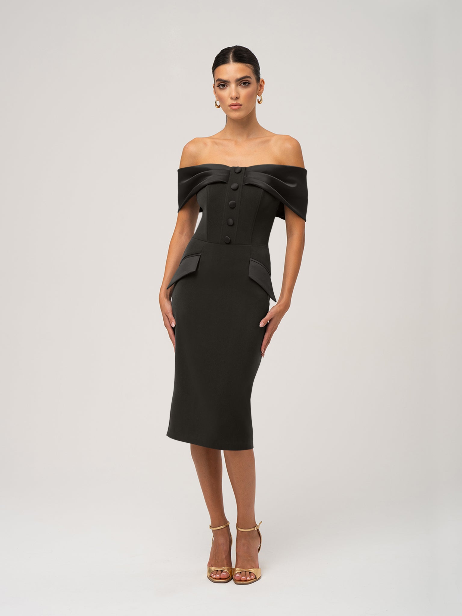 Steel Confidence Off-Shoulder Midi Dress by Tia Dorraine Women's Luxury Fashion Designer Clothing Brand