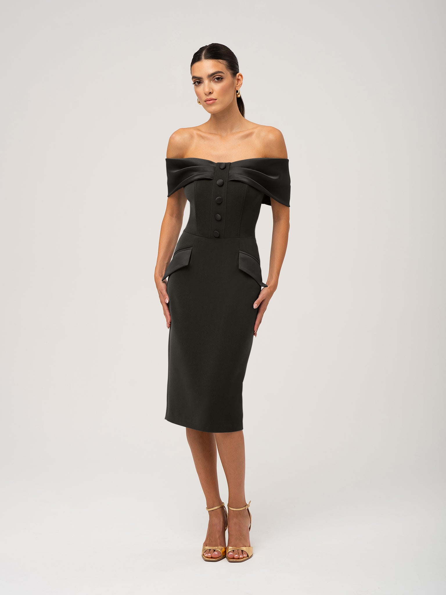 Steel Confidence Off-Shoulder Midi Dress by Tia Dorraine Women's Luxury Fashion Designer Clothing Brand