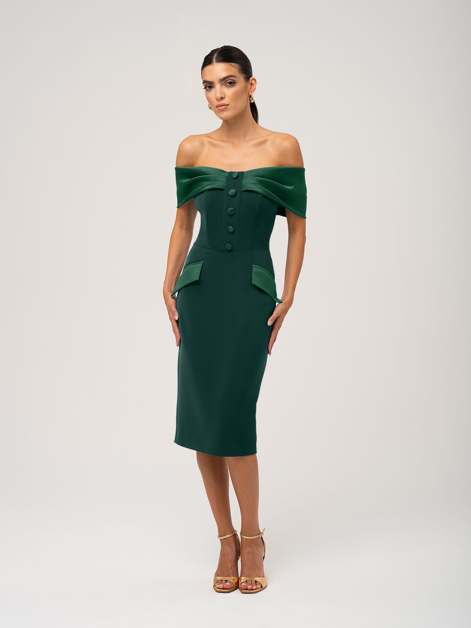 Steel Confidence Off-Shoulder Midi Dress by Tia Dorraine Women's Luxury Fashion Designer Clothing Brand