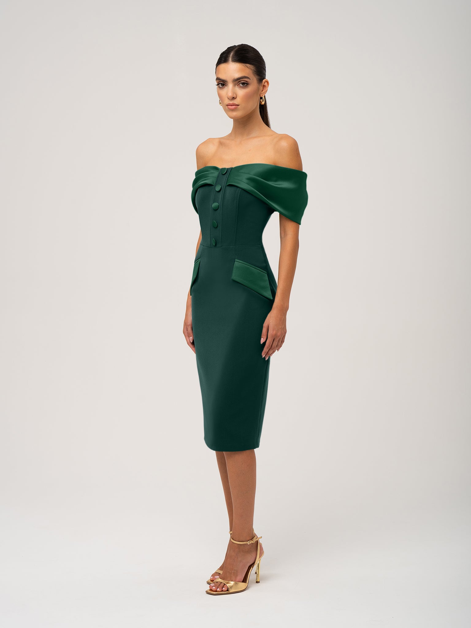 Steel Confidence Off-Shoulder Midi Dress by Tia Dorraine Women's Luxury Fashion Designer Clothing Brand