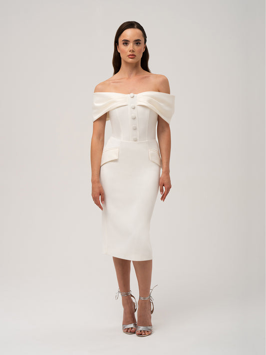 Steel Confidence Off-Shoulder Midi Dress by Tia Dorraine Women's Luxury Fashion Designer Clothing Brand