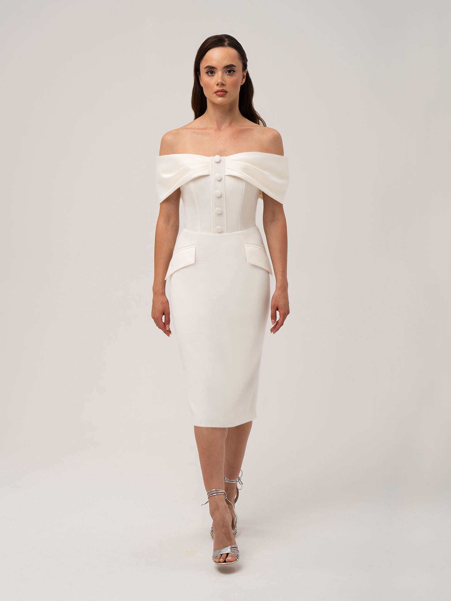 Steel Confidence Off-Shoulder Midi Dress by Tia Dorraine Women's Luxury Fashion Designer Clothing Brand