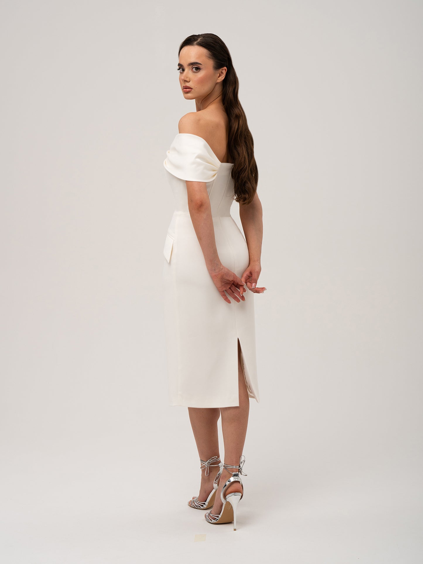 Steel Confidence Off-Shoulder Midi Dress by Tia Dorraine Women's Luxury Fashion Designer Clothing Brand