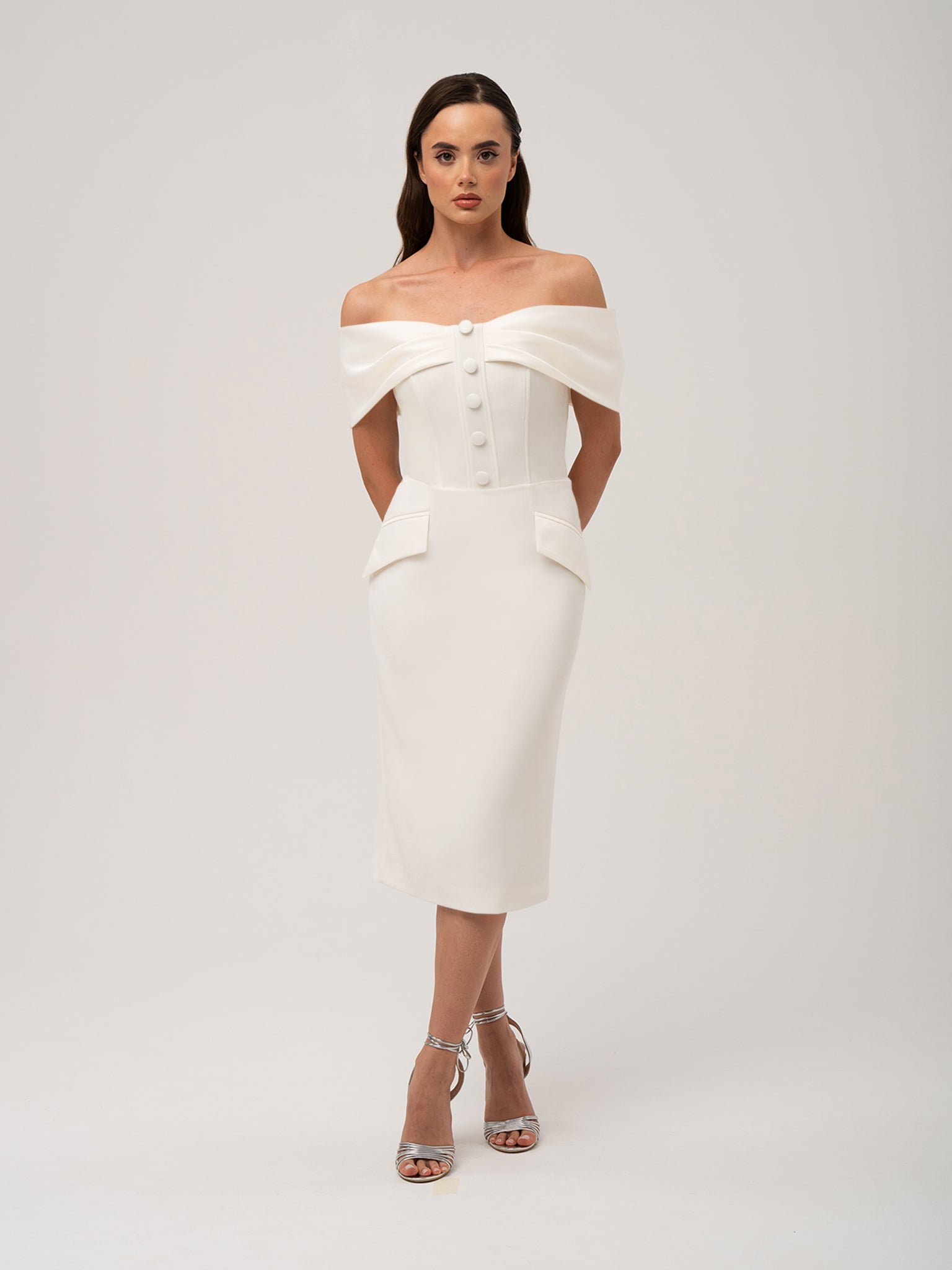 Steel Confidence Off-Shoulder Midi Dress by Tia Dorraine Women's Luxury Fashion Designer Clothing Brand