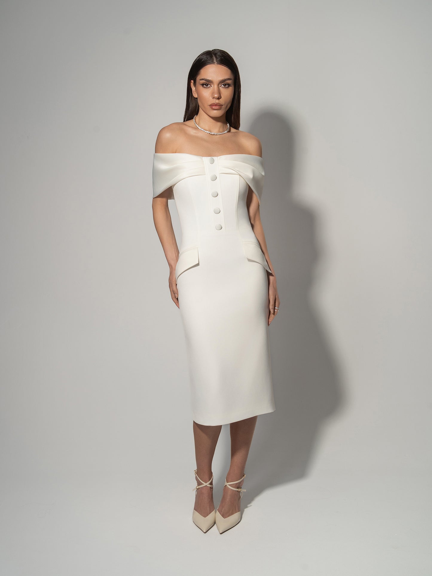 Steel Confidence Off-Shoulder Midi Dress - Pearl White