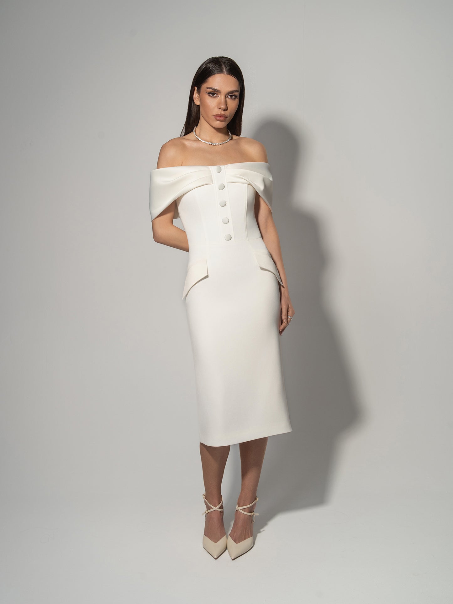 Steel Confidence Off-Shoulder Midi Dress - Pearl White
