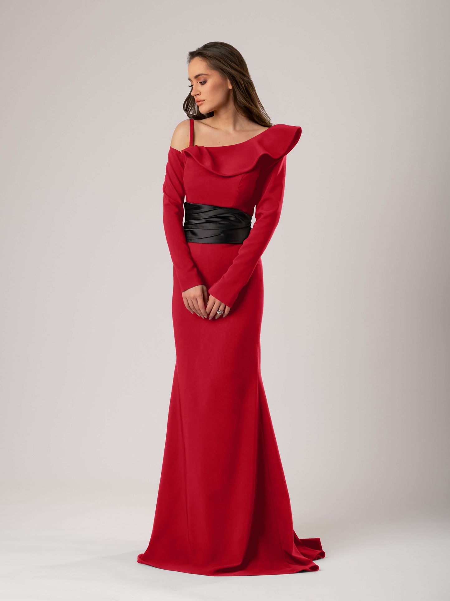Magical Night Evening Dress with Satin Belt - Red & Black