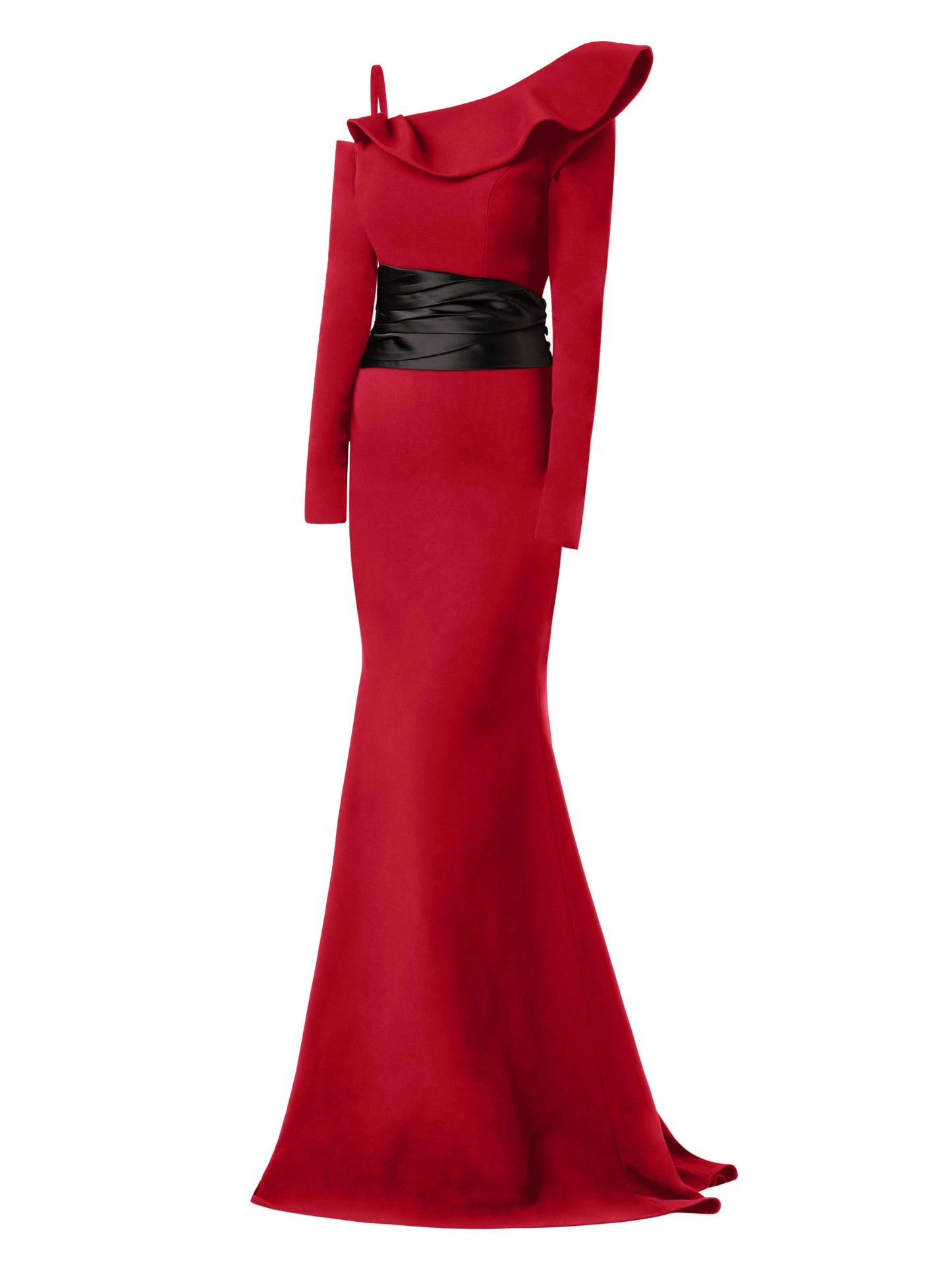 Magical Night Evening Dress with Satin Belt - Red & Black