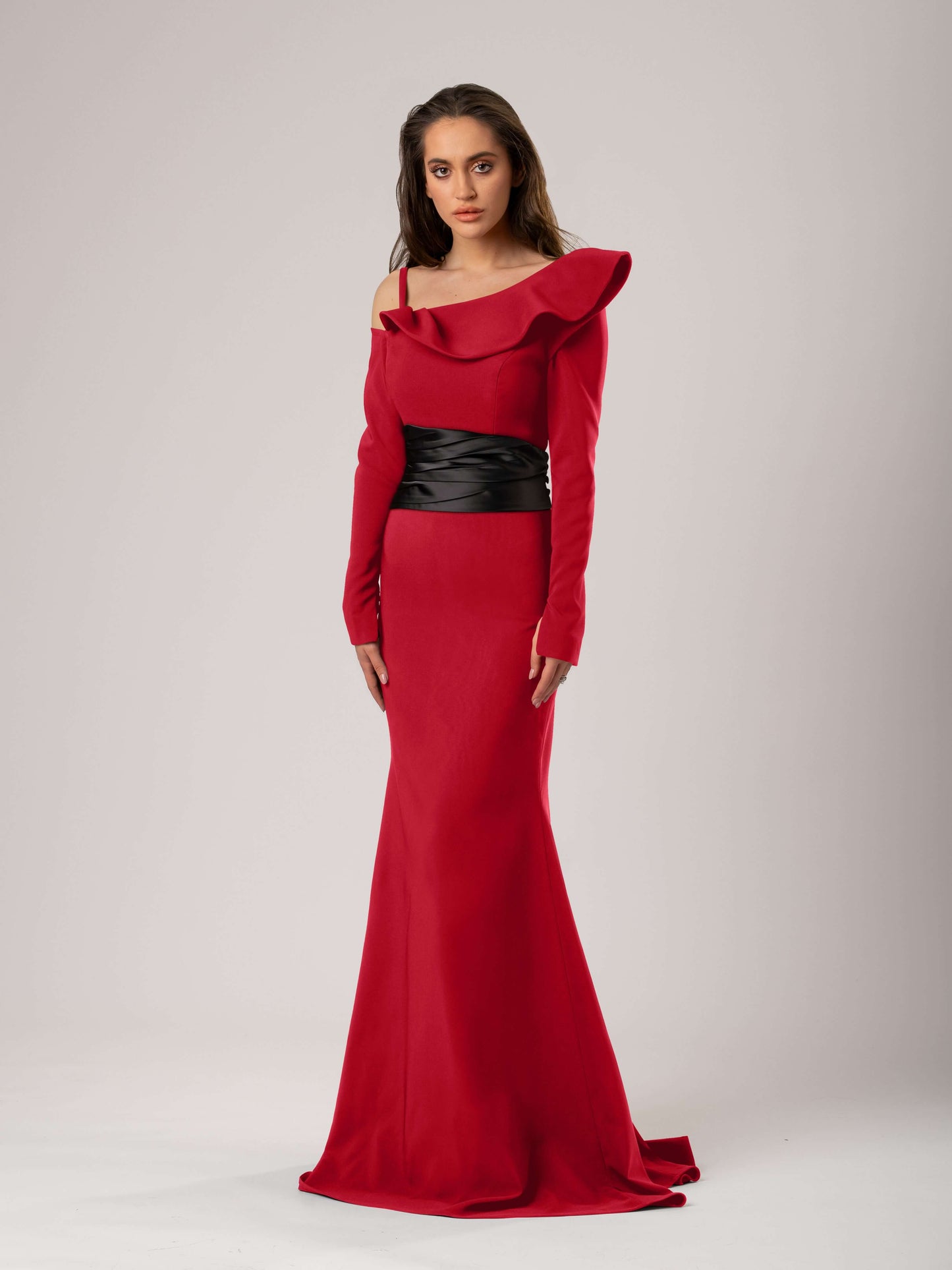 Magical Night Evening Dress with Satin Belt - Red & Black