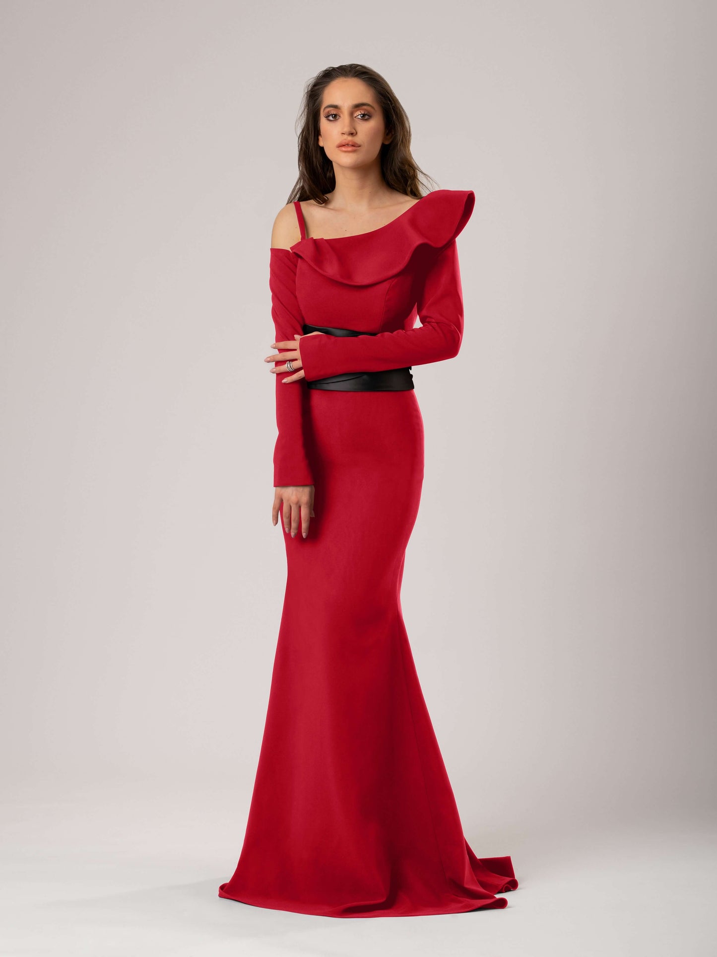Magical Night Evening Dress with Satin Belt - Red & Black