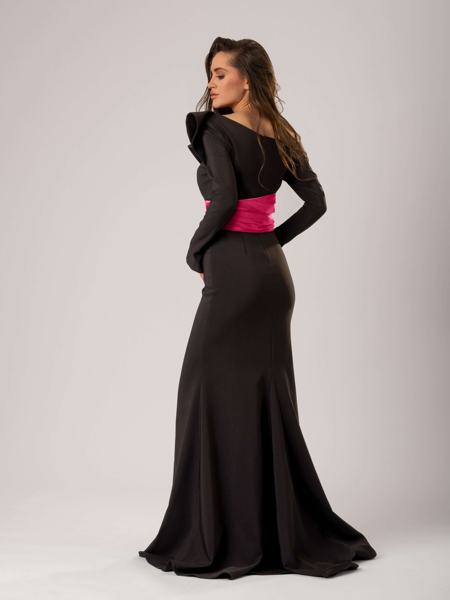 Magical Night Evening Dress with Satin Belt - Black & Pink