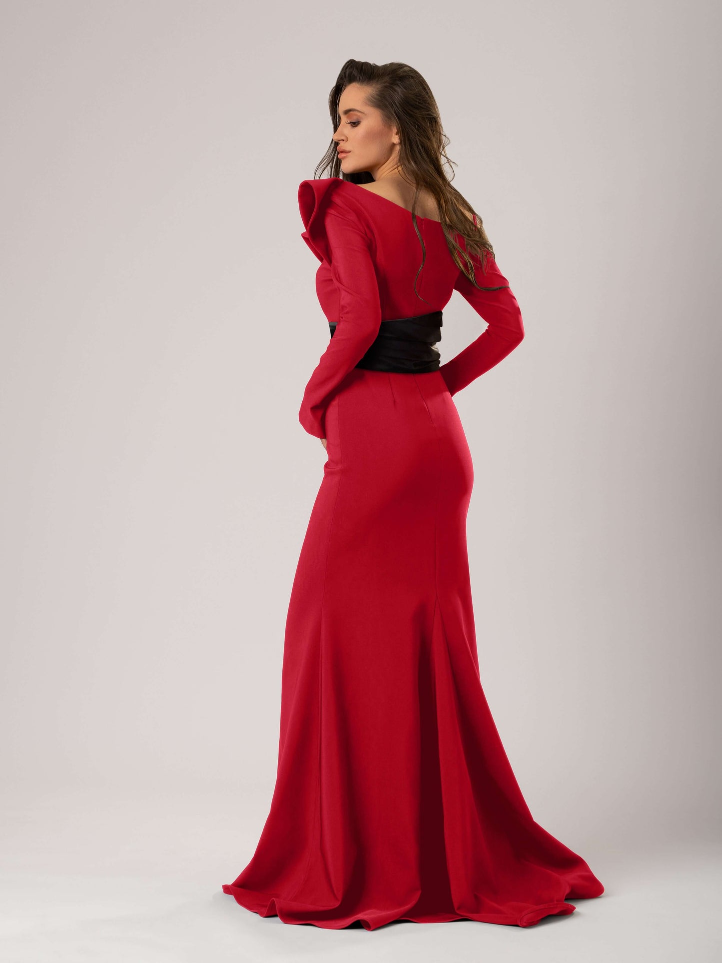 Magical Night Evening Dress with Satin Belt - Red & Black