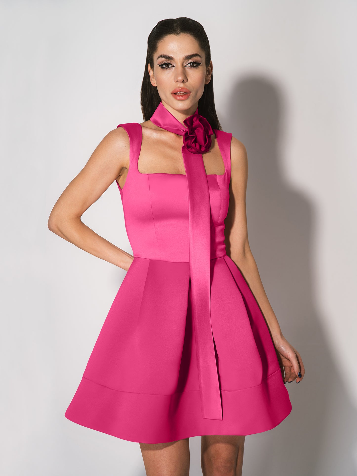 Sweet Love Flared Satin Mini Dress - Hot Pink