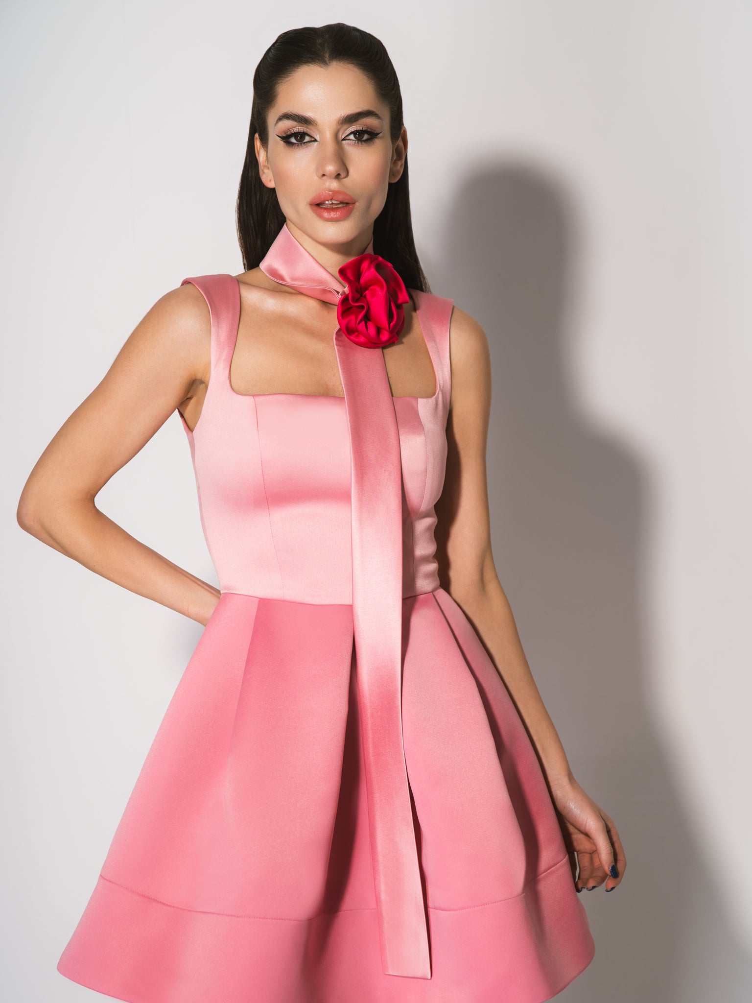 Sweet Love Satin Mini Dress With Rose Chocker by Tia Dorraine Women's Luxury Fashion Designer Clothing Brand
