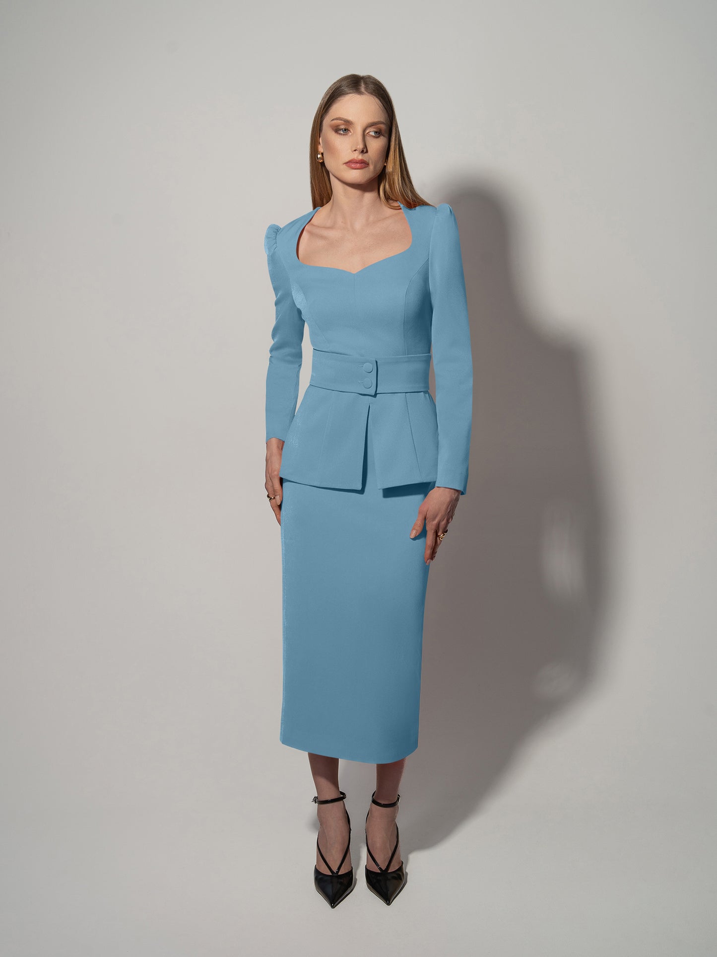 Fitted Sweetheart Blouse - Light Blue