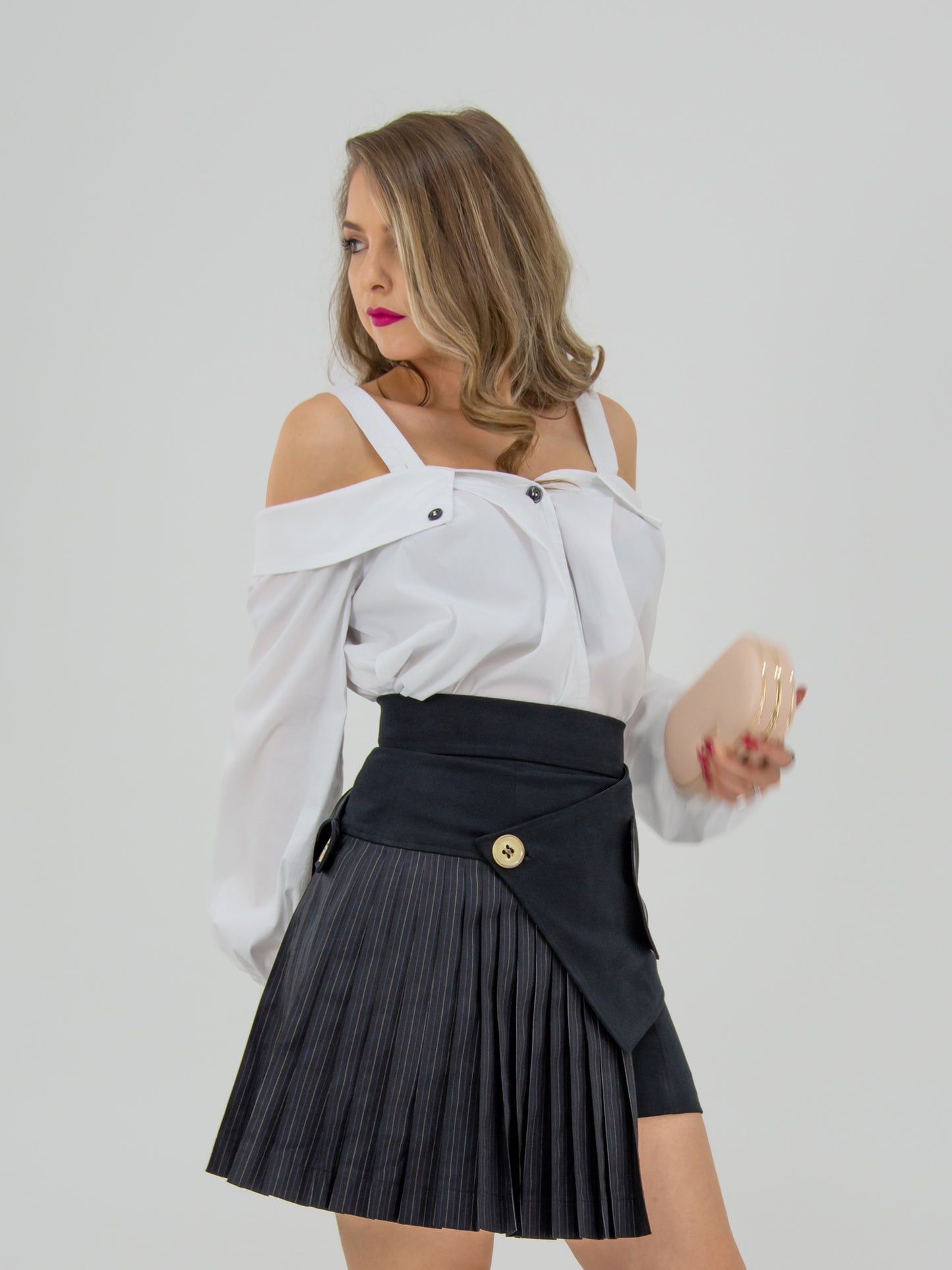 Classic Innovation Off-Shoulder Poplin Shirt by Tia Dorraine Women's Luxury Fashion Designer Clothing Brand