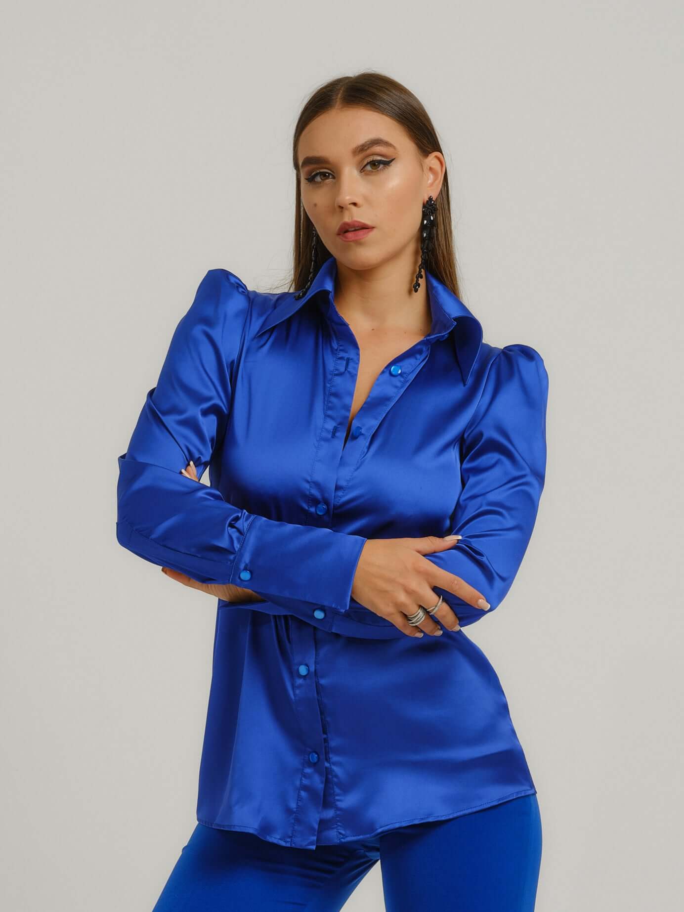 Royal Azure Fitted Satin Shirt by Tia Dorraine Women's Luxury Fashion Designer Clothing Brand