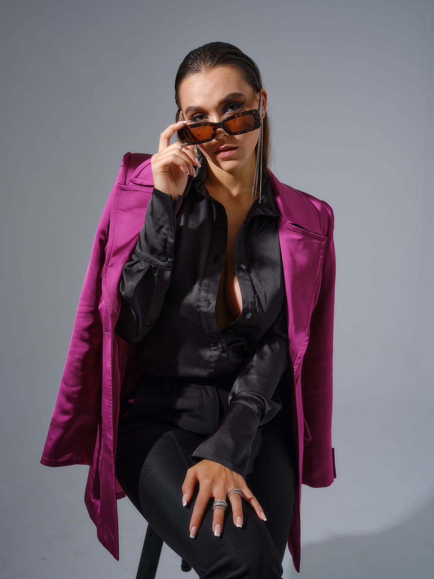 Royal Black Fitted Satin Shirt by Tia Dorraine Women's Luxury Fashion Designer Clothing Brand