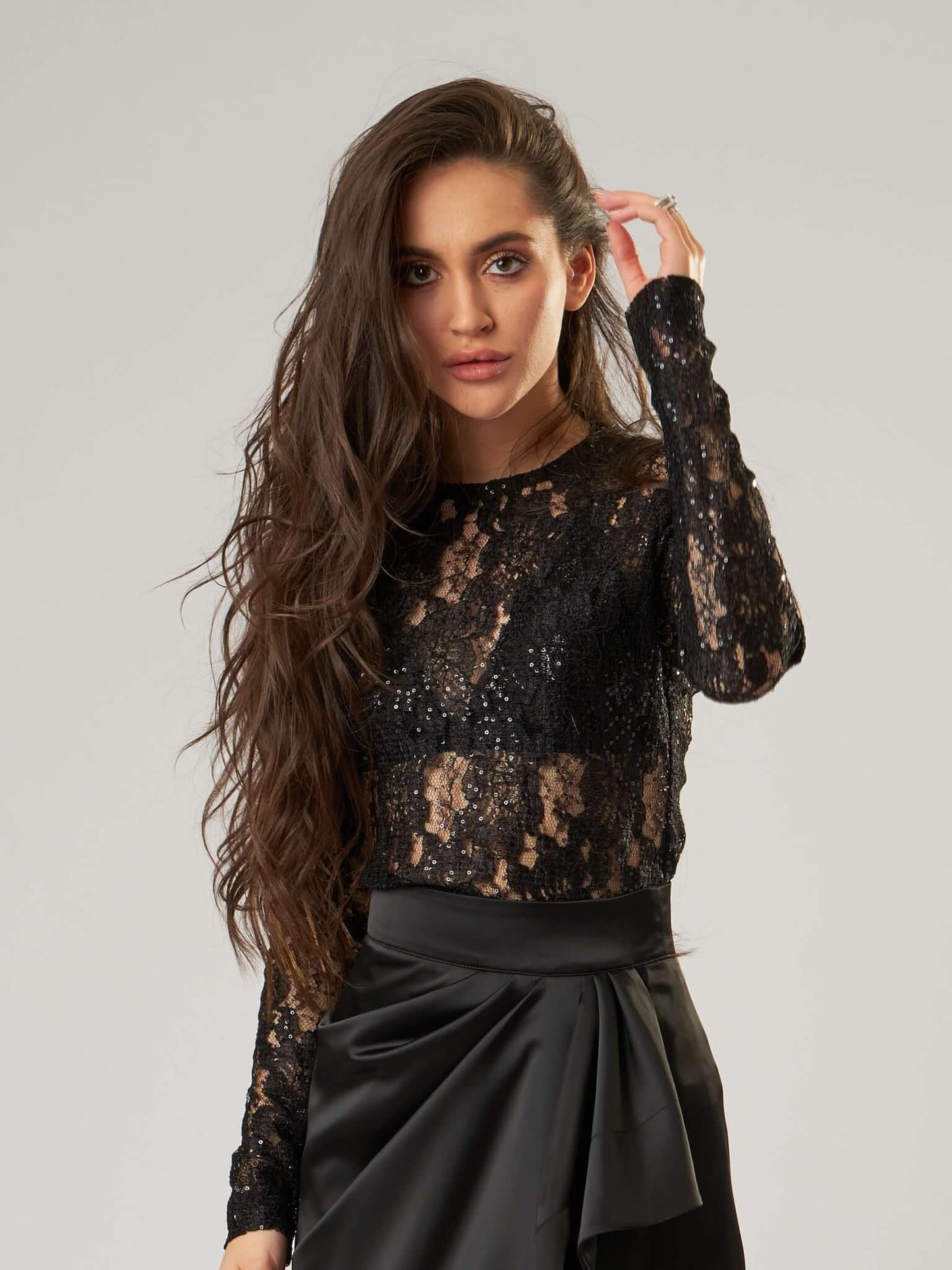 Glowing in the Dark Sheer Lace Blouse by Tia Dorraine Women's Luxury Fashion Designer Clothing Brand