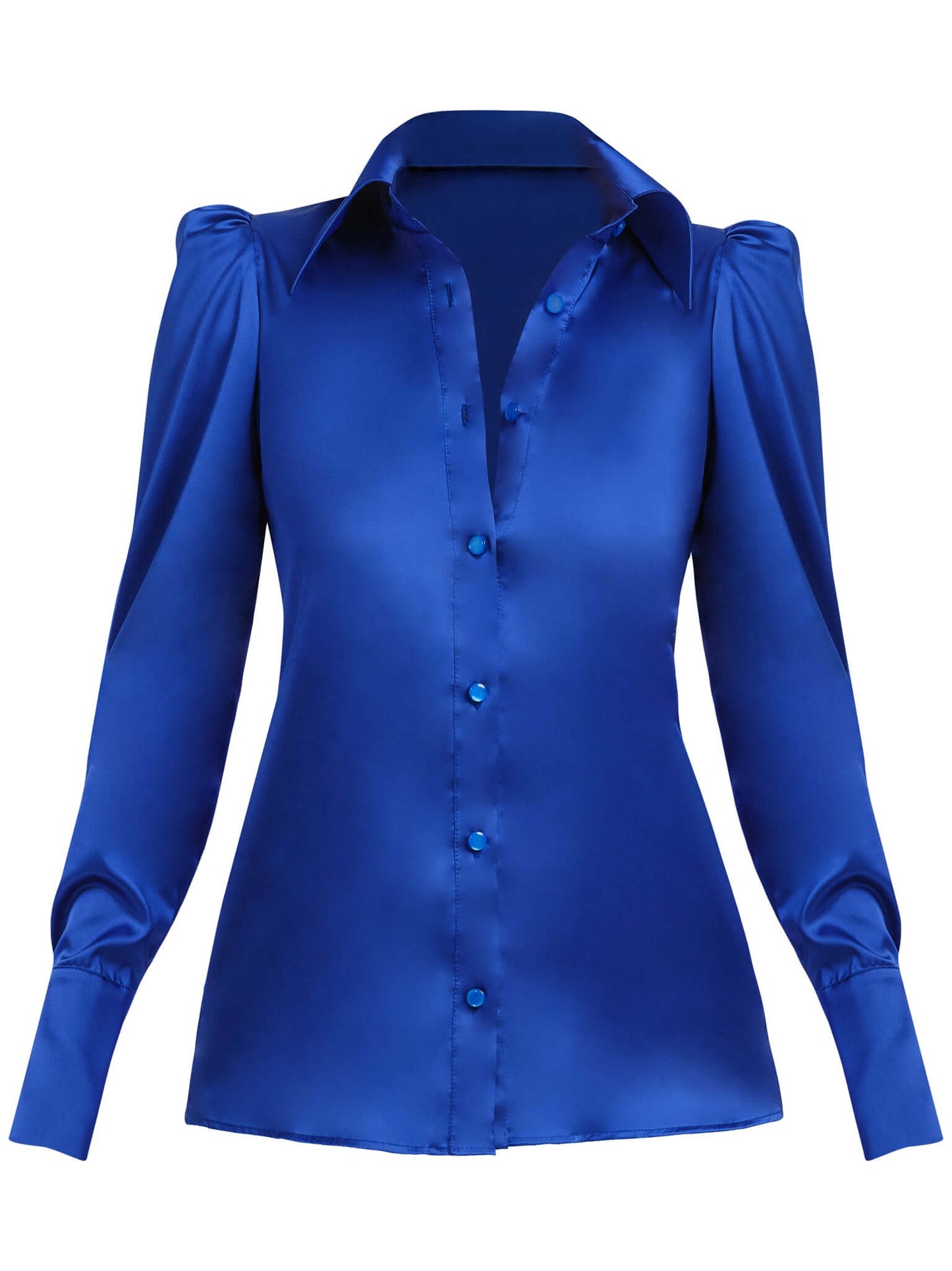 Royal Azure Fitted Satin Shirt by Tia Dorraine Women's Luxury Fashion Designer Clothing Brand