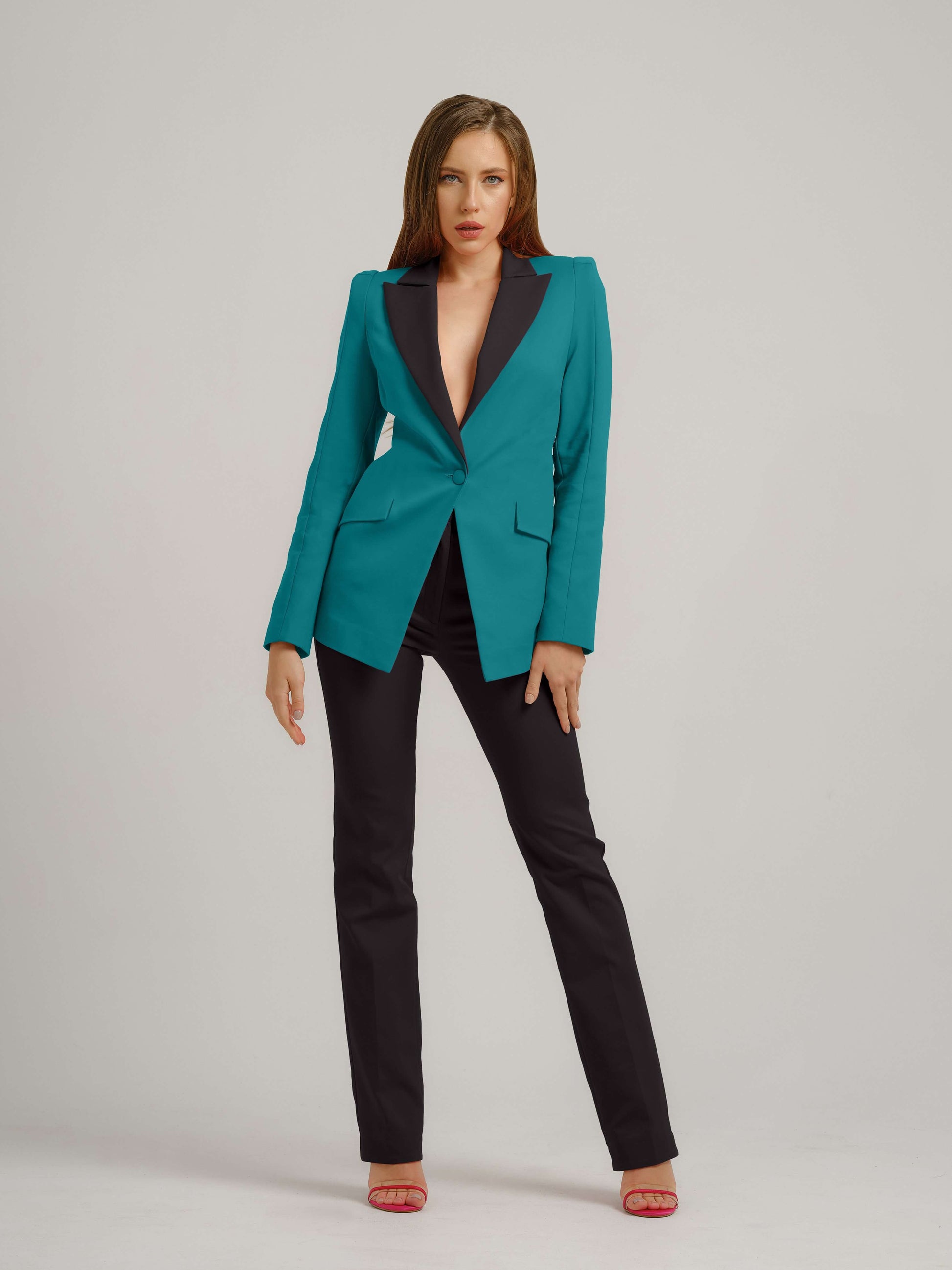 Illusion Classic Tailored Suit - Turquoise & Black by Tia Dorraine Women's Luxury Fashion Designer Clothing Brand