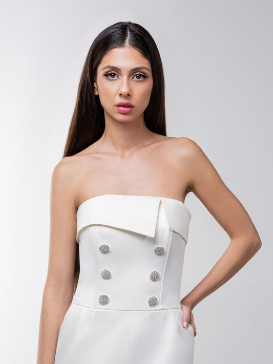 Magnetic Touch Crystal-Embellished Mini Dress - Pearl White