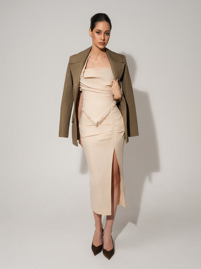 Asymmetrical Waistline Linen Midi Skirt - Beige