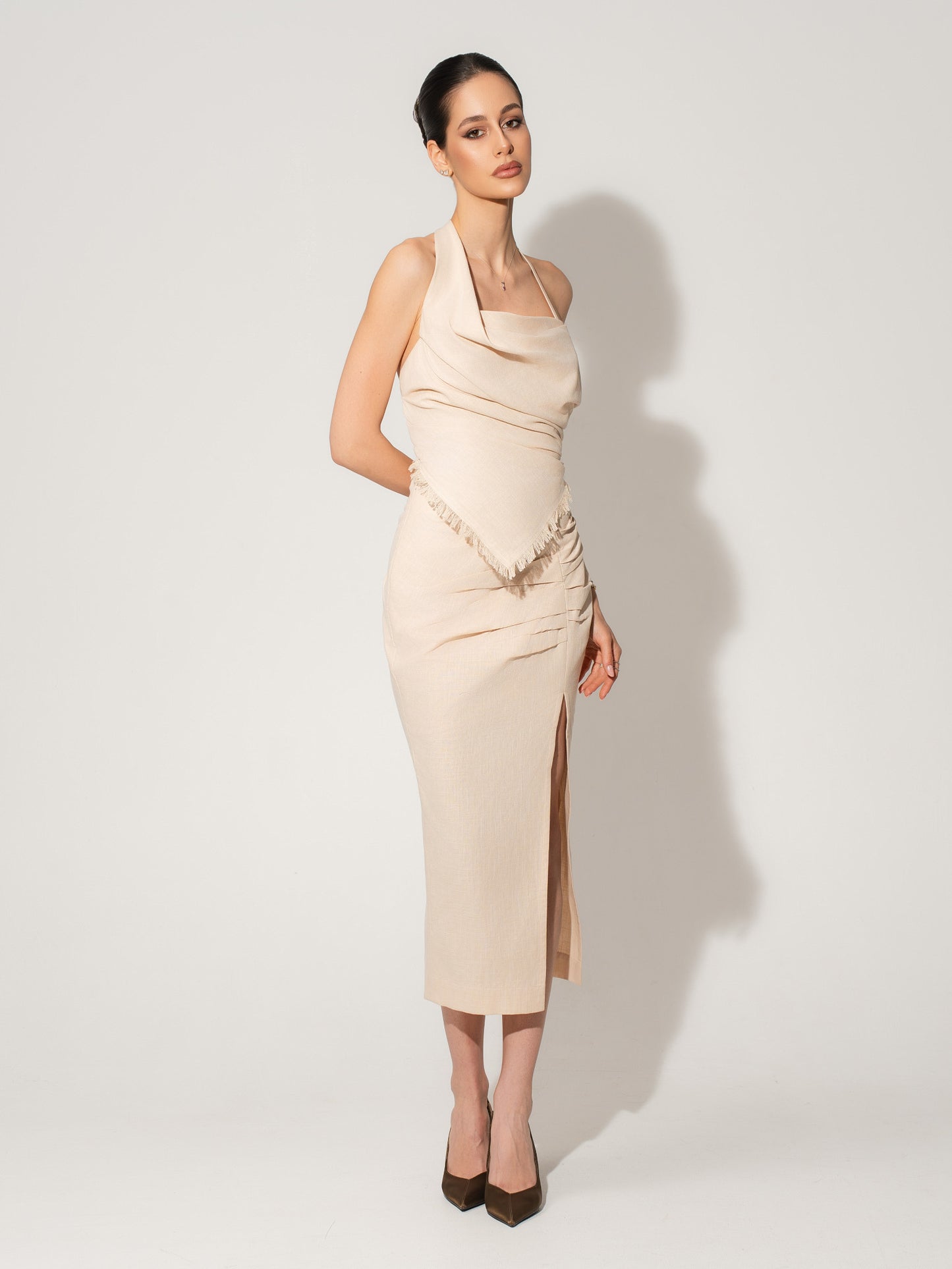 Asymmetrical Waistline Linen Midi Skirt - Beige