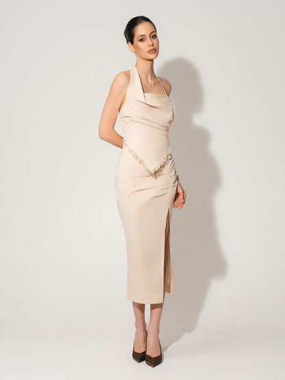 Asymmetrical Waistline Linen Midi Skirt - Beige