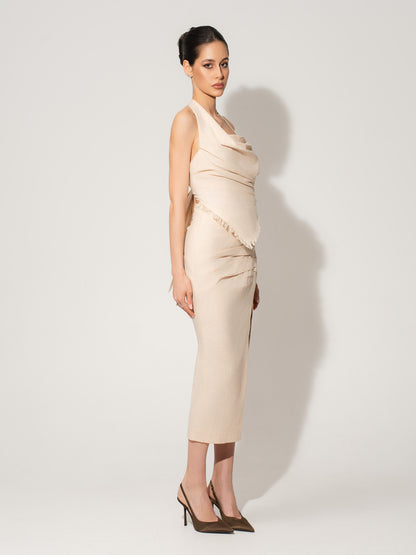 Asymmetrical Waistline Linen Midi Skirt - Beige