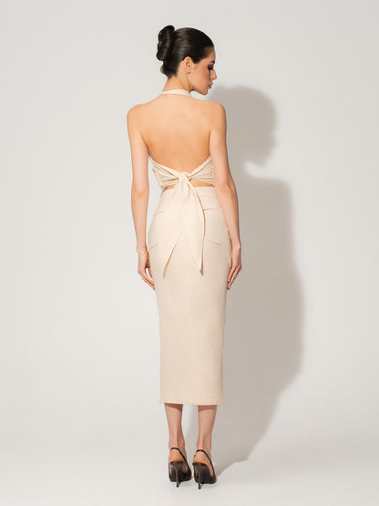 Asymmetrical Waistline Linen Midi Skirt - Beige