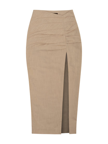 Asymmetrical Waistline Linen Midi Skirt - Beige