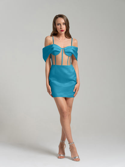 Belle of the Ball Satin Mini Dress - Capri Blue by Tia Dorraine Women's Luxury Fashion Designer Clothing Brand