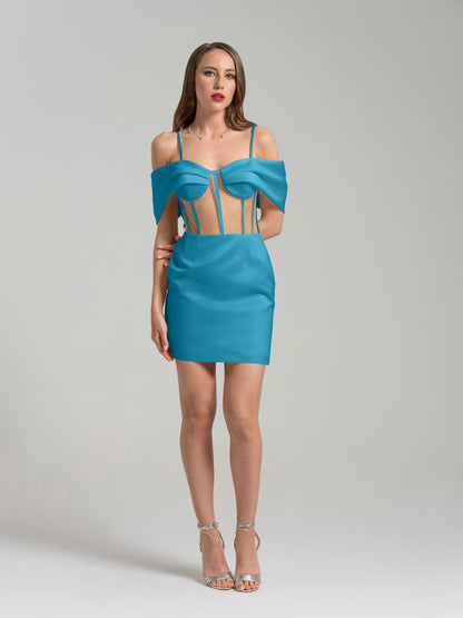 Belle of the Ball Satin Mini Dress - Capri Blue by Tia Dorraine Women's Luxury Fashion Designer Clothing Brand