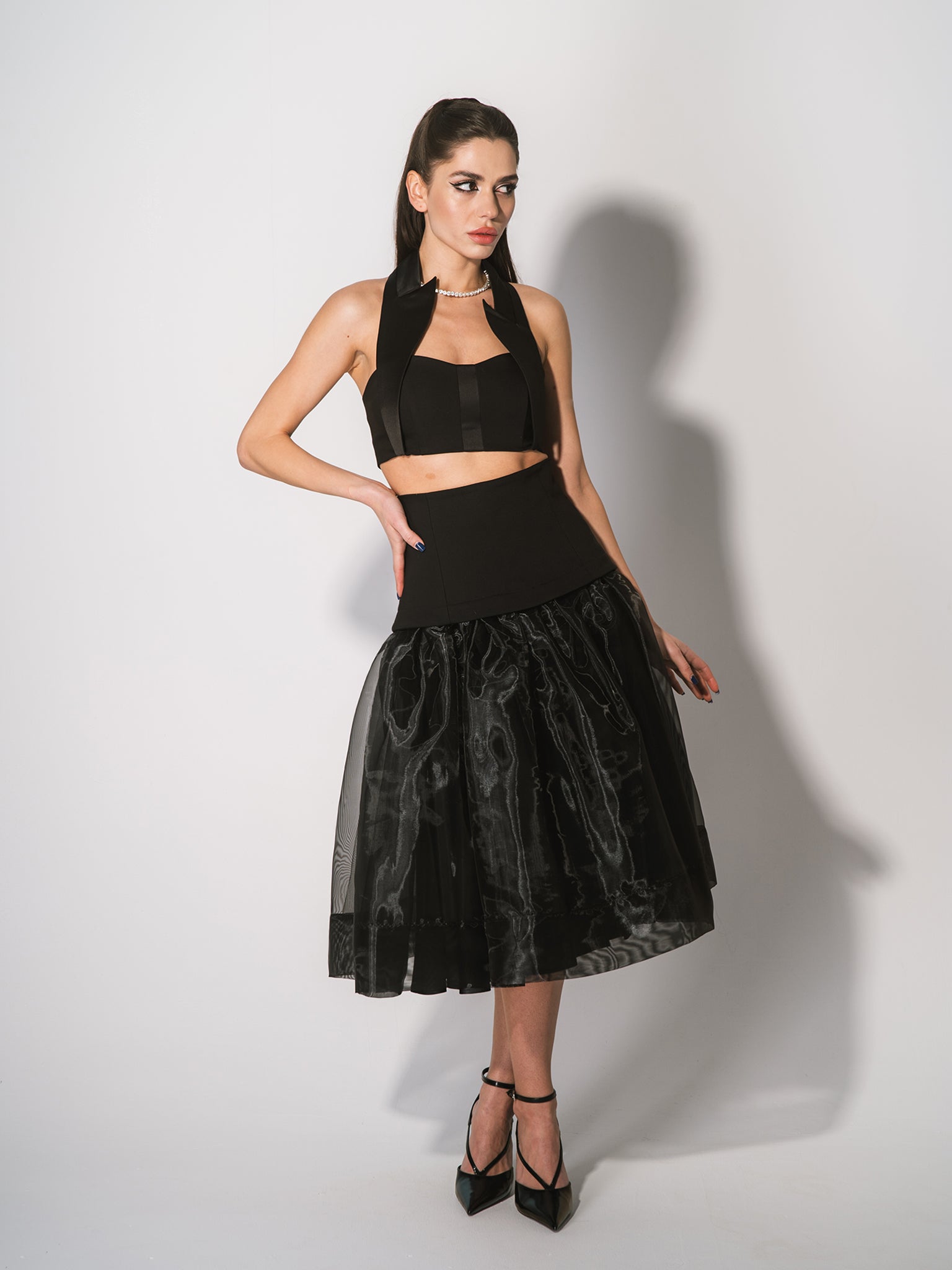 Black Swan Organza A-Line Midi Skirt by Tia Dorraine Women's Luxury Fashion Designer Clothing Brand