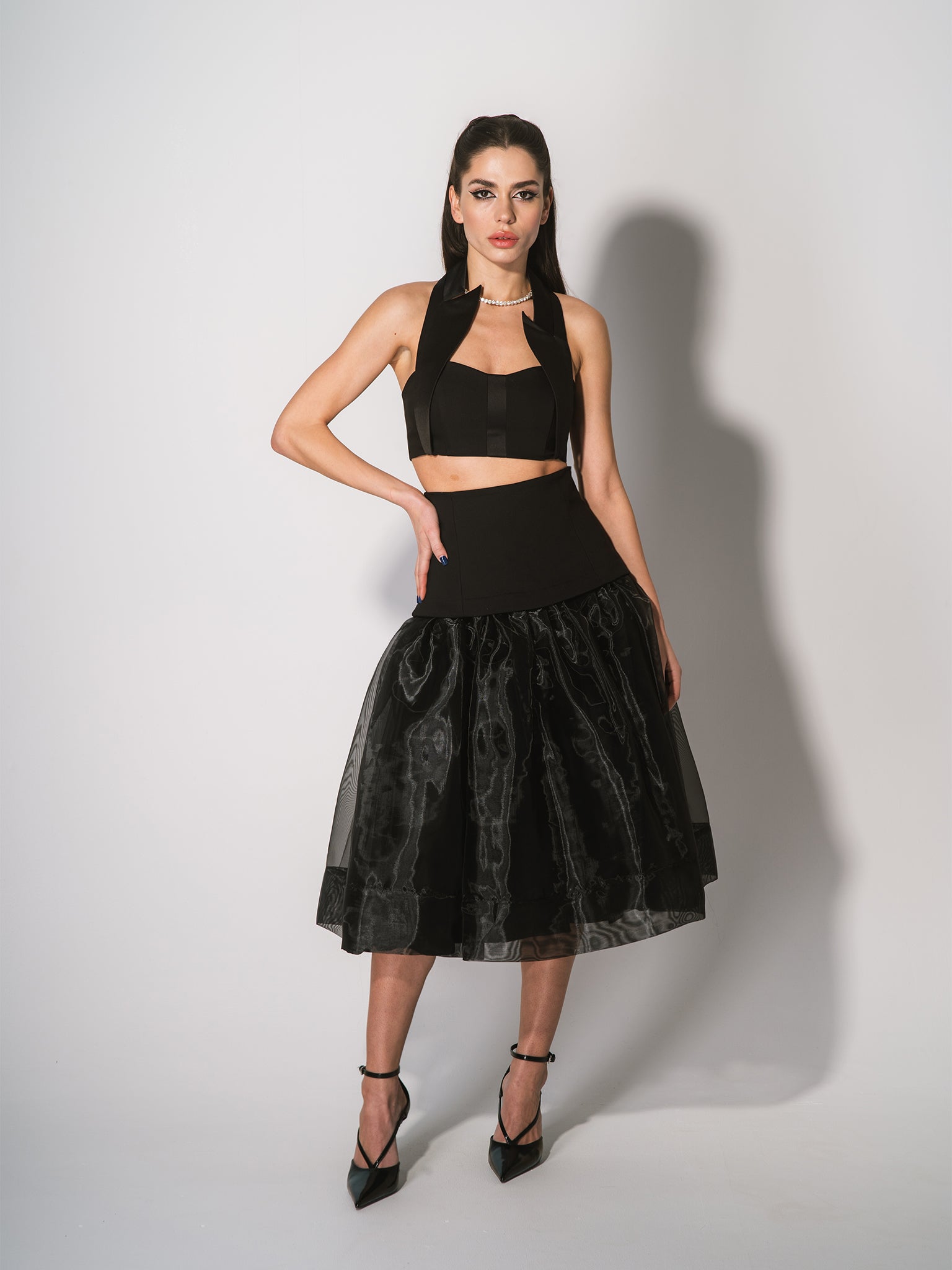 Black Swan Organza A-Line Midi Skirt by Tia Dorraine Women's Luxury Fashion Designer Clothing Brand