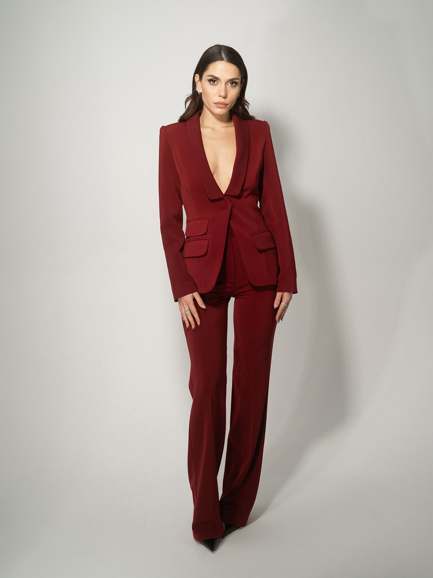 Burgundy Single-Breasted Pant Suit by Tia Dorraine Women's Luxury Fashion Designer Clothing Brand