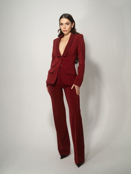 Burgundy Single-Breasted Pant Suit by Tia Dorraine Women's Luxury Fashion Designer Clothing Brand