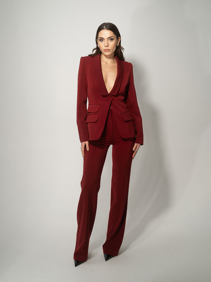 Burgundy Single-Breasted Pant Suit by Tia Dorraine Women's Luxury Fashion Designer Clothing Brand