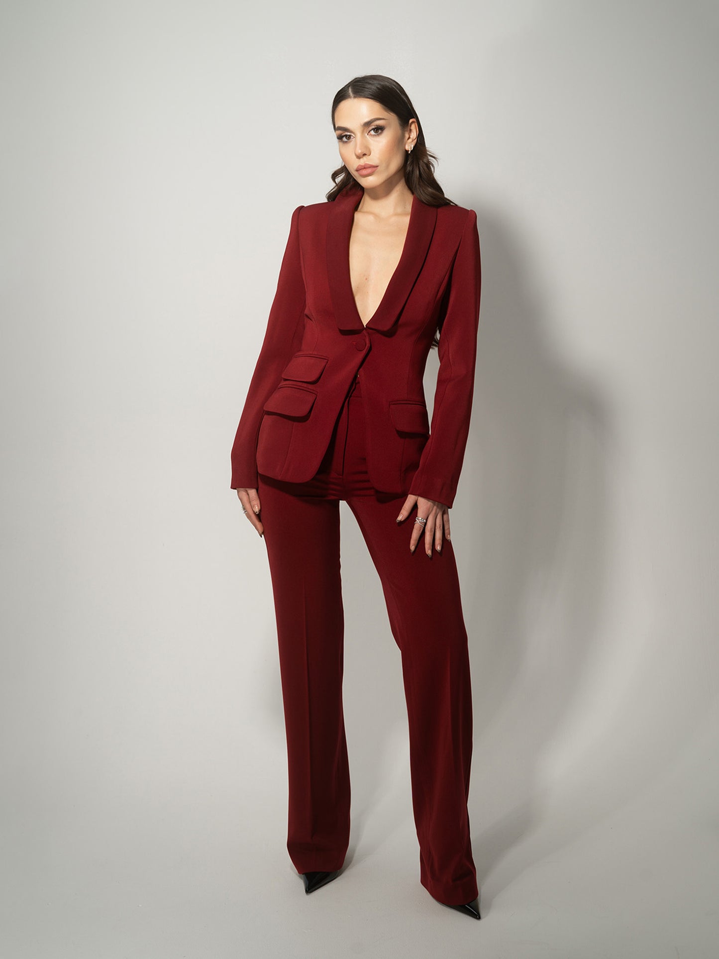 Burgundy Single-Breasted Pant Suit by Tia Dorraine Women's Luxury Fashion Designer Clothing Brand