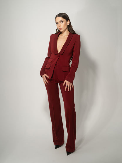 Burgundy Single-Breasted Pant Suit by Tia Dorraine Women's Luxury Fashion Designer Clothing Brand